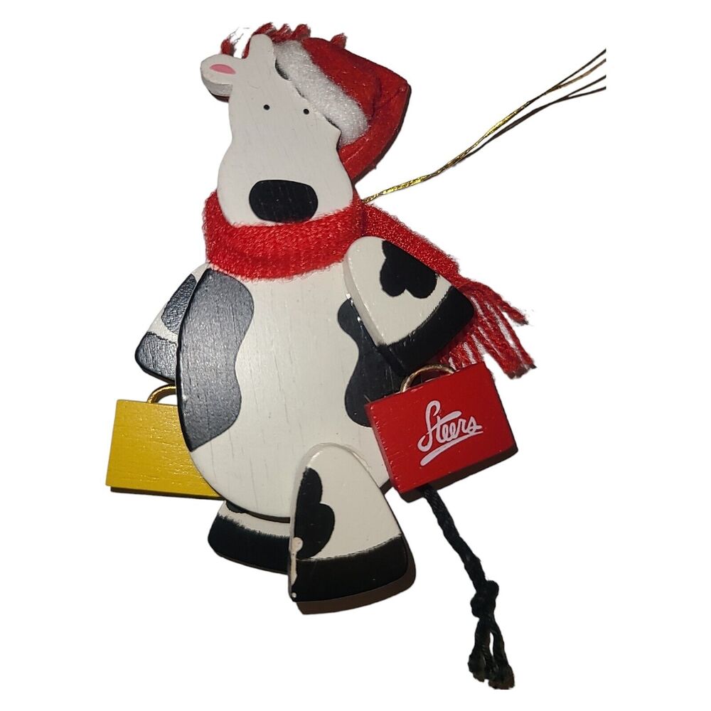 Vintage Avon Holly Jolly‎ Christmas Cow Shopping Steers Wooden Ornament